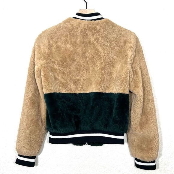 Forever 21 Teddy Coat Bomber Jacket Tan and Green Fleece Color Blocked Size S - Picture 2 of 10